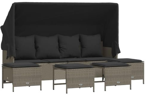 vidaXL Garten Sofa Garnitur 5-TLG., Gartenmöbel Set mit Kissen Dach, Sitzgruppe für Garten Terrasse, Lounge Hocker Sitzgarnitur, Hellgrau Poly Rattan