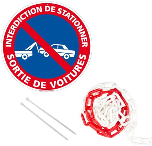 Signalétique.biz France - Signalétique.biz France - panneau rond en aluminium 300mm - Interdiction de stationner sortie de voitures, avec chaîne plastique rouge et blanche 5m + colliers de serrage.