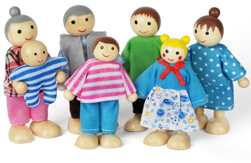 Aolso Puppenhaus Puppen,7 Stück Puppenfamilie aus Holz, Figuren Puppen Spielset Biegepuppen, Familie Puppen Zubehör für Puppenhäuseraus, Puppenhaus-Hausset (gebündeltes Haar)