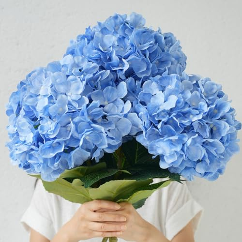 IPLNTS 3 hortensias artificiales extragrandes de color azul realista, hortensias falsas, flores de seda con tallos para decoración de mesa al aire libre, boda, fiesta, oficina, sala de estar, sala de