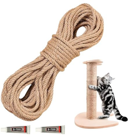 Corda per tiragraffi in sisal naturale, 20 m, 6 mm, con 2 colle, corda in sisal naturale, per albero tiragraffi, accessori per gatti, fai da te, decorazione di case