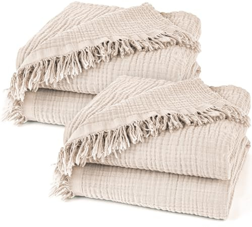 Pure Label 2er Set Musselin Decken 150x200 cm - Oeko-Tex zertifizierte Kuscheldecken aus Baumwolle | Musselin Kuscheldecken für Couch & Sofa in XL |Doppelpack 150 x 200 cm, Farbe der Decke Beige