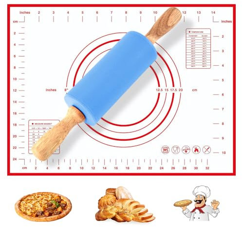Bieiyhe 1 Rodillo Para Hornear,1 Pastry Baking Mat 30 X 40 cm,Rodillo Reposteria,Rodillo Amasar Antiadherente,Rodillo Pasteleria,Rodillo Cocina Silicona,Rodillo de Masa,Tapete Fondant Hornear