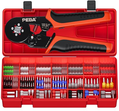 PEBA Aderendhülsenzange Set 0,08–10 mm², Vierkant Crimpzange selbstjustierend mit Ratsche, 28 Größen Aderendhülsen inkl. Twin-Hülsen, isolierte & unisolierte Hülsen, DIN 46228