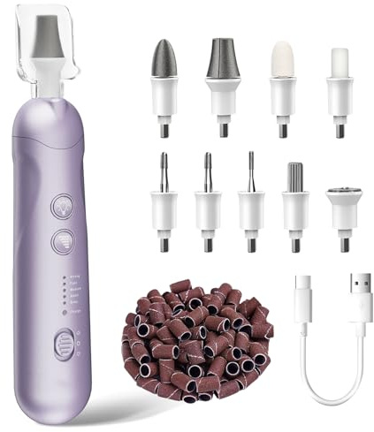 AOMEES Elektrische Nagelfräser Set, Maniküre Pediküre Set Fußpflege Elektrisch mit 9 Aufsätze zur Nagelpflege, mit 5 Geschwindigkeiten, LED Licht, Aufbewahrungstasche (Blauviolett)