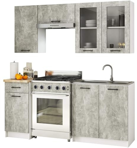 AKORD Küchenmöbel-Set OLIWIA 1.8m H720 Modulares 180 cm 7 Türen 1 Schublade 8 Regalböde, Küche Komplett, Kitchen Cabinet Set, Küchenschränke, Standschränke, B180xH203xT46 cm, Beton & Beton