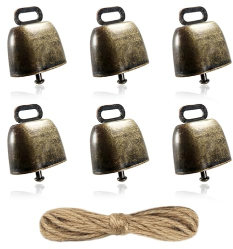 TOAOB 6 Stück Bronze Kuhglocke Ziegenglocke Metall Vintage Glocken Bauernhof Tierglocke 35mm mit 1 Rollen Hanfseil für Haustier Rinder Schafe Dekorationen Halsband DIY Basteln Zubehör