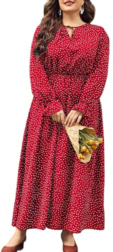LIAMERHE Vestido de Lunares Manga Larga Mujer Talla Grande Casual Otoño Vestidos Cuello Redondo Elegante Vestido Invierno Largo hasta la Tobillo Rojo XL