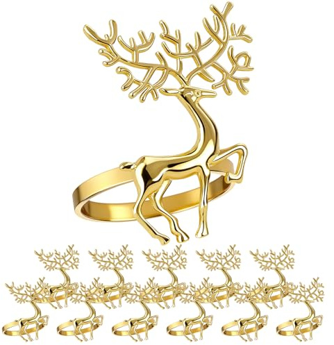 14pcs Gold Christmas Napkin Rings, Deer Napkin Holder Ring for Christmas Dinner Table Decor Cloth Napkins, Wedding Receptions, Holiday Party, Banquet and Home Kitchen (Reindeer)