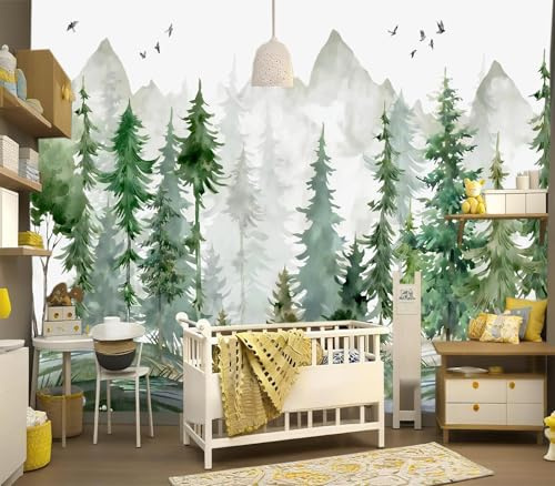 YIHWM-Peel and Stick Nursery Forest Wallpaper Children's Room Boys Bedroom Watercolor Tree Large Self-Adhesive wall mural-137 x96（91 Square Foot）