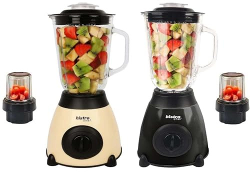 Bistro Chef 2-in-1 Nuts Ice Crushing Mixer Blender 850W, Professional Handheld Kitchen Blender 1.5L for Smoothie Maker, Fruit Juice, Shake, Made from Glass & Stainless Steel (Beige & Black, Pack of 2)