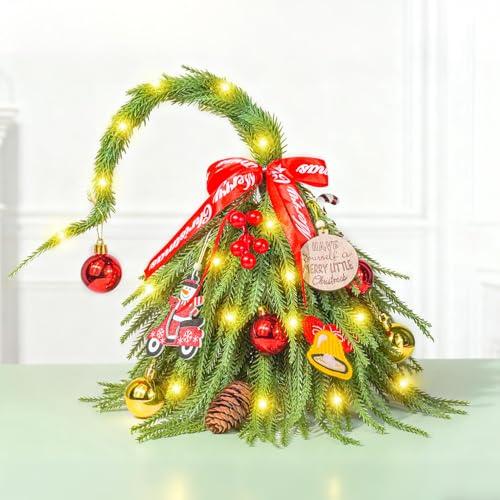 Weihnachtsbaum Mini, 30CM Kleiner Weihnachtsbaum mit Beleuchtung, künstlicher Tisch Weihnachtsbaum Klein Weihnachtsdeko mit Gebogenem Spitzen-Design für Tischdeko, Büro, Fensterbank, Weihnachten Deko
