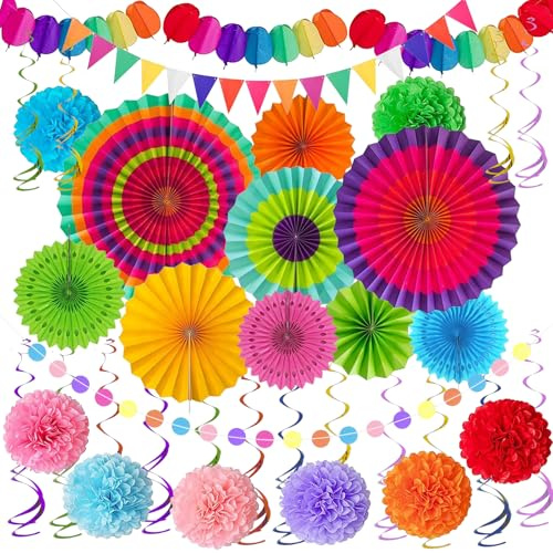 Bunte Party Deko für Gartenpartys, 55 Stück Karneval Party Dekoration mit Hängenden Papier Pompons Girlande Papierfächer Wimpelketten Fasnachtsdeko für Bunt Geburtstag Feste Hochzeiten Faschings Deko