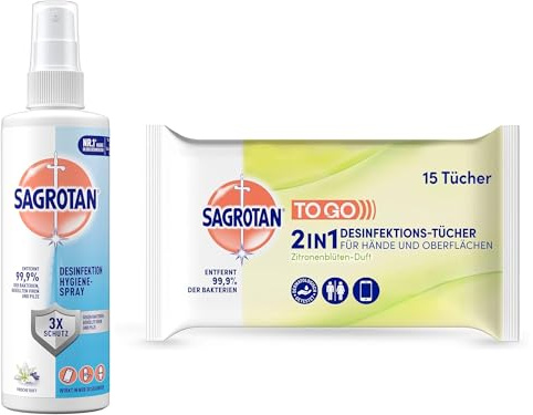 Sagrotan Hygiene-Set – Pumpspray 250 ml & 2in1 Desinfektionstücher Zitronenblüte 15 Stück – Hygienische Sauberkeit für unterwegs & zuhause