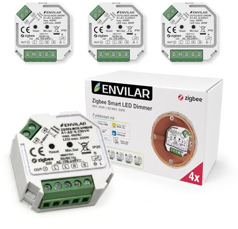 ENVILAR 4er Pack Zigbee 3.0 LED Dimmer 230V Unterputz, 0–200W | Kompatibel mit Philips Hue, IKEA Home Smart und Homey über eine passende Zigbee Bridge. Neutralleiter (N) erforderlich.