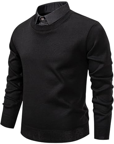 Generisch Col de chemise - Pull en tricot fin pour homme - Faux pull 2 en 1 - Pull d'hiver - Col rond - Tricot fin - Pull business - Basic - Pull en tricot chaud, Noir , 3XL
