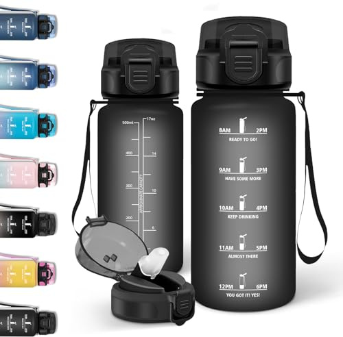 Motswedi Gourde 500ml, Gourde Paille, Conception de Serrure Étanche, Bouteille Sport, Avec Marqueur de Temps, Bouteille Motivation, Convient aux Boissons Gazeuses, pour École, Voyages - Noir