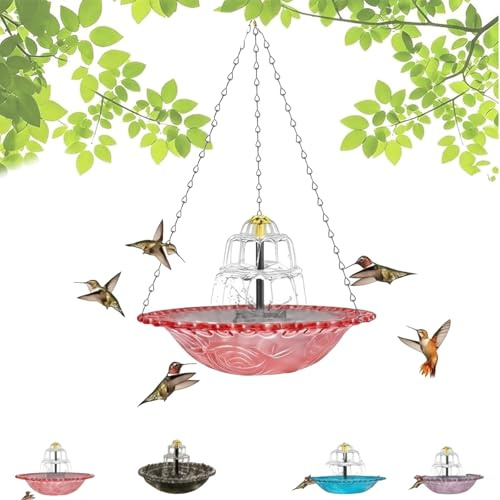 Solar-Kaskaden-Vogeltränke-Brunnen – Hängende Vogeltränke für den Außenbereich mit solarbetriebener Pumpe und Kaskaden-Wasserspieleinsatz für Garten Terrasse und Balkon (Pink B)