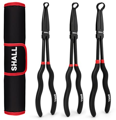 SHALL 3-teiliges Spitzzangen Set – Spitzzange lang gerade, 45°, 90° gebogen, als Sprengringzange & Armaturenzange nutzbar, mit Seitenschneider klein, professionelles Zangen Werkzeug-Set für KFZ, DIY