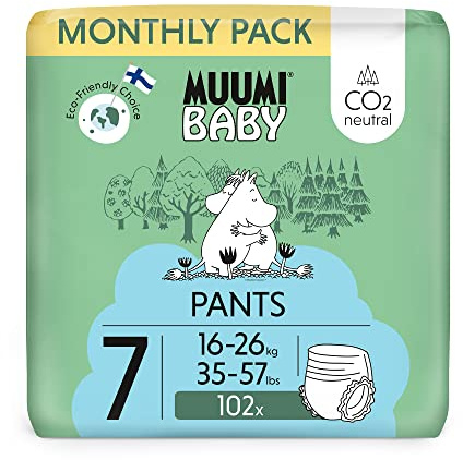 Muumi Baby Eco Pull Ups Size 7, 16-26 kg (35-57 lbs), 102 Nappy Pants | Monthly Pack, Sensitive Premium, Leakage Barrier, Soft and Skin Friendly, No Unnecessary Chemicals