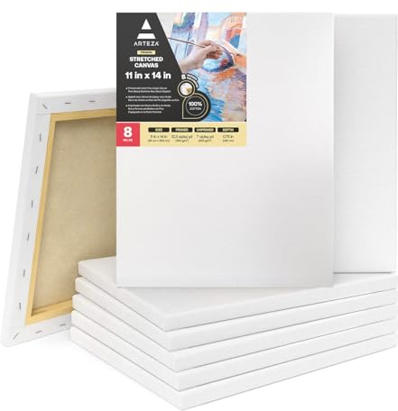 Arteza Premium Leinwand Keilrahmen, 28 x 35.6 cm, 8 bespannte Keilrahmen, 100% Baumwolle grundiert mit säurefreiem Titan-Acryl-Gesso, Leinwände für Acrylmalerei, Ölfarben & nasse Kunstmedien