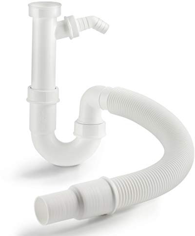 Xavax Flexibler Siphon mit 1 Geräteanschluss + Geruchsverschluss (1 ½“ Kunststoff Röhrensiphon für Spüle, Waschtisch Abfluss, mit 1“ Spülmaschinen-/Waschmaschinen-Anschluss) Ablaufgarnitur weiß