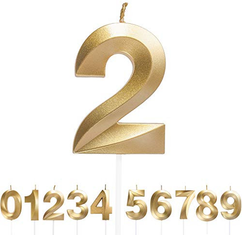 URAQT Birthday Candle for Cake, Birthday Number Candles, 5D Shape, 5.3 inches Gold Glitter Birthday Candles Cake Topper Decoration for Birthday Anniversary Wedding Party Graduation Party(2)