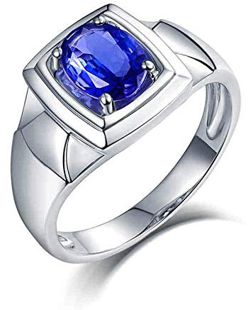 Bishilin Trauringe 750 Weißgold, Bandring 4-Steg-Krappenfassung mit 1.14ct Oval Tansanit Herren Ringe Verlobungsring Weißgold Gr.60 (19.1)