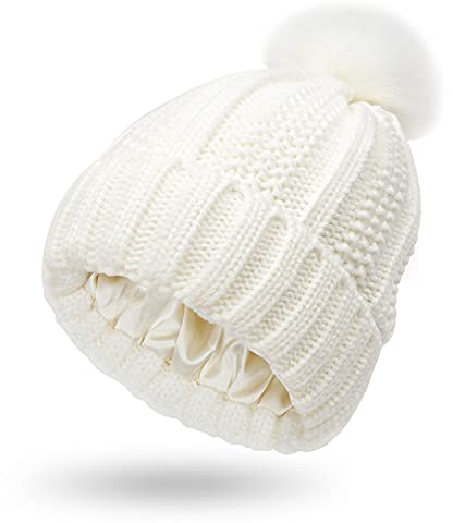 Womens Satin Lined Winter Beanie Cable Knit Beanie for Women Silk Lining Thick Chunky Hats Skull Warm Cap