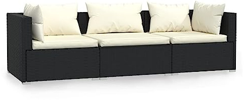 vidaXL Sofa mit Kissen Gartenmöbel Lounge Garten Garnitur Gartenset Sitzgruppe Sitzgarnitur Gartensofa Mittelsofa Ecksofa 3-Sitzer Schwarz Poly Rattan