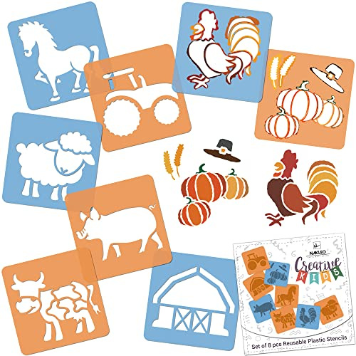 NAKLEO Plantillas para Dibujar para Niños, Set de 8 Stencil 15x15cm Animales de Granja, Modelos Creativo Plástico y Reutilizable para Pintar, DIY Decoración Artesanía, Papel Pared Madera Tejido