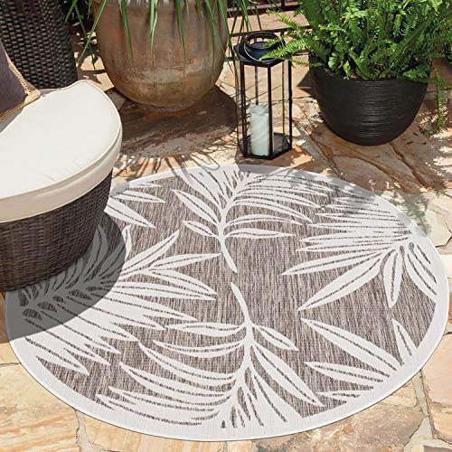 carpet city Tapis d'extérieur résistant aux intempéries pour balcon, terrasses - Beige - 120 x 120 cm - Rond - Tapis décoratif d'extérieur imperméable - Décoration de balcon - Aspect floral - Tapis de