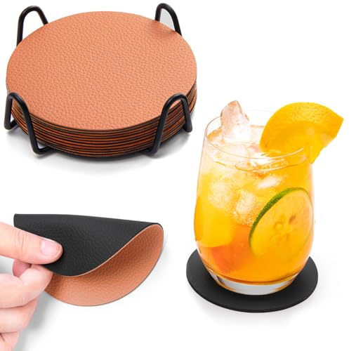 Chitomars Faux Leather Drink Coasters with Holder, Dual Sided Sets of 12 | 4 Inch Non-Slip Washable Coasters for Coffee Table, Tabletop Protection for Hot & Cold Drinks Kinds of Cups (Black Brown)