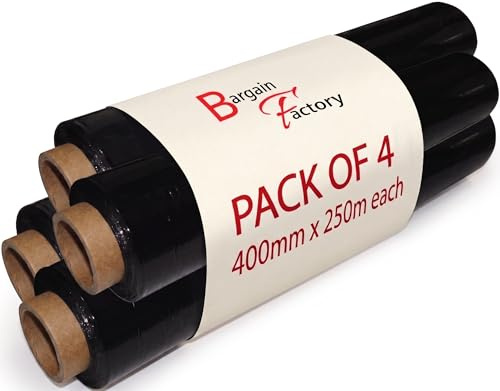 Bargain Factory Starke Mehrzweck-Palettenfolie – reißfest – Stretch-Schrumpffolie – wasser- und feuchtigkeitsbeständige Palettenfolie – Premium – einfach zu bedienen (4 Stück, schwarz)