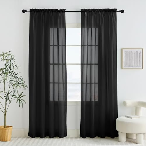 PONY DANCE Black Voile Curtains 60x84 inches with Slot Top - Window Net Curtains Semi Transparent Lightweight Privacy Screen Sheer Woven Voile Sheer Panels for Bedroom/Living Room/Patio Door, Set of 2