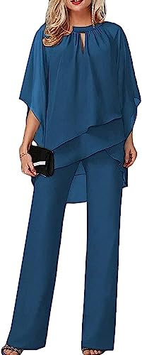 Conjunto de Noche de Tul para Mujer pantalón de Vacaciones, Camisa de Gasa de Dos Piezas y pantalón de Talle Alto Conjunto Elegante Vintage de Dos Piezas Holgado Informal (Azul,XL)
