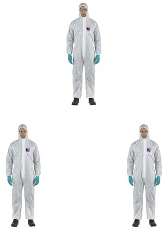 Ansell AlphaTec 1500 Model 138, Einweg-Schutzanzug mit Kapuze, Chemikalienschutz Type 5/6, Wasserdichter Arbeits-Overall, Einmal-Schutzkleidung Herren Damen, Weiß, Größe 3XL (1 Stück) (Packung mit 5)