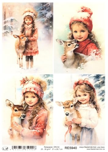 Josys Bastelmärchen Reispapier A4 Strohseide Weihnachten Vintage Engel Engelchen Kind Rehkitz RE5940