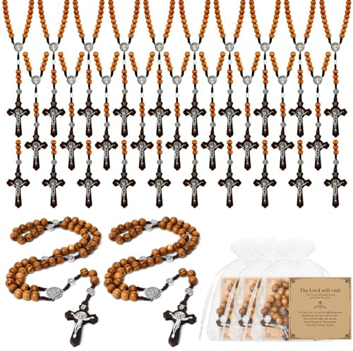 Taikula 30 PCs Wooden Rosary Necklace, Rosary Beads Catholic Handmade Beads Necklace, Prayer Holy Soil Medal and Metal Cross For Catholic Or Christian Gift, Pouch Baptism Favors Gift