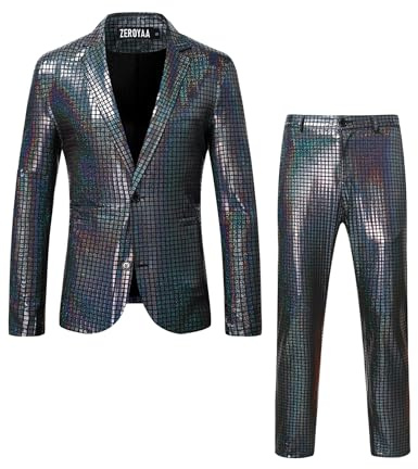ZEROYAA Men's 70s Disco Suits Metallic Shiny Sequin Outfits Blazer and Pants Set Dance Party Costume Black Medium