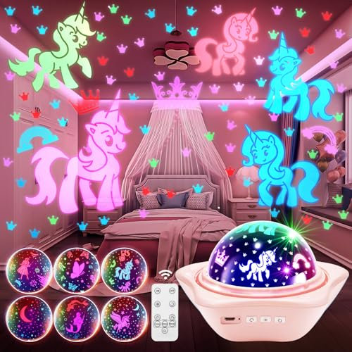 PIKOY Baby Night Light Kids, 15 Lightings+6 Flims+Rotation Star Projector Night Light Kids, Dimmable+Timer Girls Bedroom Accessories Sensory Lights, Cordless+Remote Baby Sensory Toys Gifts