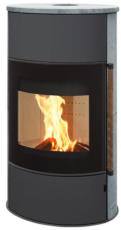 H&M Kaminofen Mango 2.0 gussgrau Speckstein 8kw Holzofen Speicher modern große Sichtscheibe aufgesetzt 8kw grauer stahlkorpus