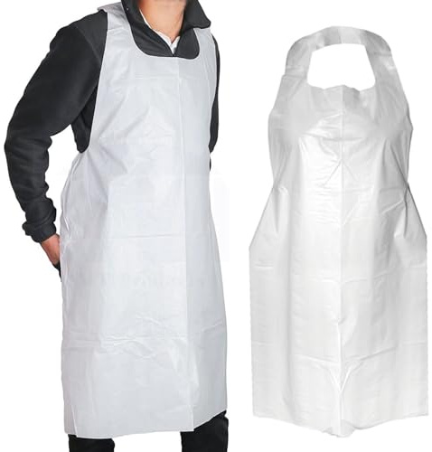 KIBERTIC 100er Pack Einwegschürzen Wasserdicht – Weiße Küchenschürze für Damen und Herren, Professionelle Kochschürze für Gastronomie, Catering und Restaurant
