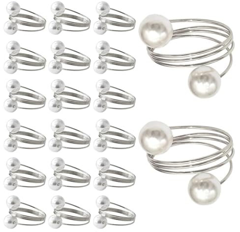 Suanzua 20 Stück Serviettenringe, Set mit Ringen für Servietten mit Perlen, Tischdekoration mit Federserviettenhalter aus Metall, Schnallen für Serviettenringe