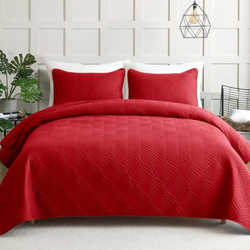 Whale Flotilla Colcha Moderna de 240 x 260 cm, Colcha con 2 Fundas de Almohada, Edredón de Microfibra con Estampado en Relieve, Ropa de Cama Ligera y Suave para 4 Estaciones, Rojo