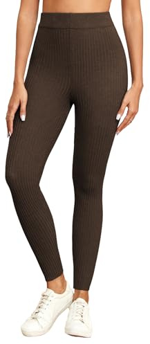 Famulily Leggings da donna a vita alta a costine lavorati a maglia Regno Unito, da donna aderenti elasticizzati autunnali invernali caldi collant, Marrone, M/sottile