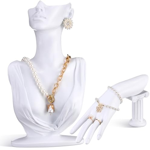 Yalikop 2 Pcs Jewelry Mannequin Display Set Necklace Bust Mannequin Earring Stand Hand Bracelet Ring Stand for Selling Show(White)