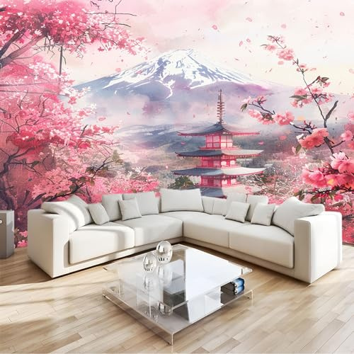 Papier Peint Panoramique 300 x 210 cm Fleurs de cerisier de montagnes de style japonais Papier Peint intissé Poster Tableaux Muraux Tapisserie Photo Trompe l'oeil pour Chambre Salon Décoration Murale