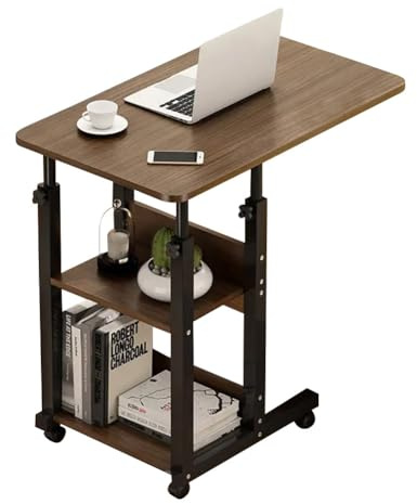 Warmiehomy Overbed Table with Wheels Height Adjustable Table, 60x40x68-85cm | Rolling Laptop Table with 2 Storage Shelves. Brown Beside Table for Bed&Sofa&Hospital. Compact Computer Desk for Home Office.