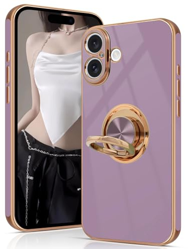 Tveinan for iPhone 16 Case with 360° Rotation Ring Holder Stand, Slim Soft Shockproof Cover with Magnetic Car Holder Flexible TPU Phone Case for iPhone 16 6.1 - Purple
